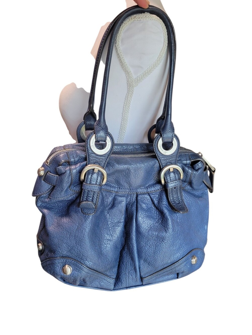 B. Makowsky Blue Genuine Leather Slouchy Hobo Satchel Shoulder Bag